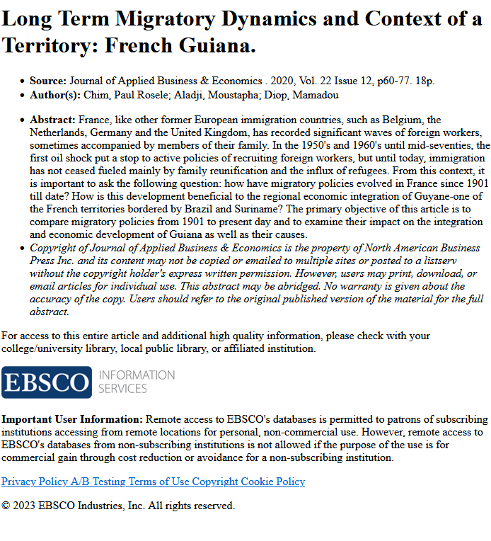 Long -Term Migratory Dynamics and Context of a Territory: French Guiana